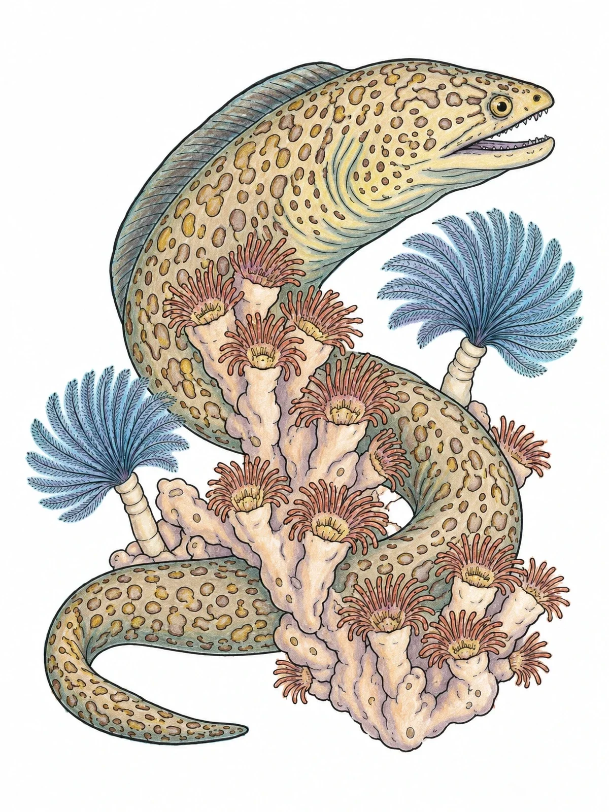 Colored example of the Moray Eel With Coral Polyps coloring page