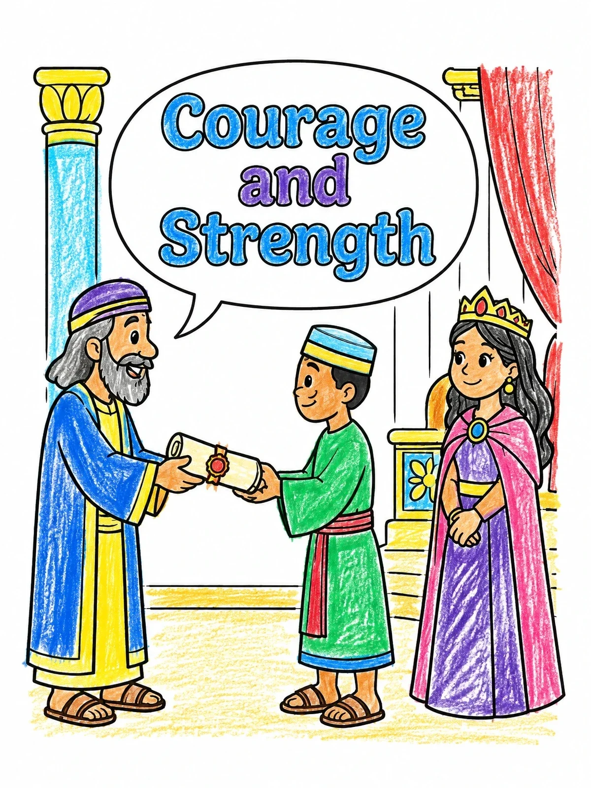 Colored example of the Mordecai Sending A Message To Queen Esther coloring page