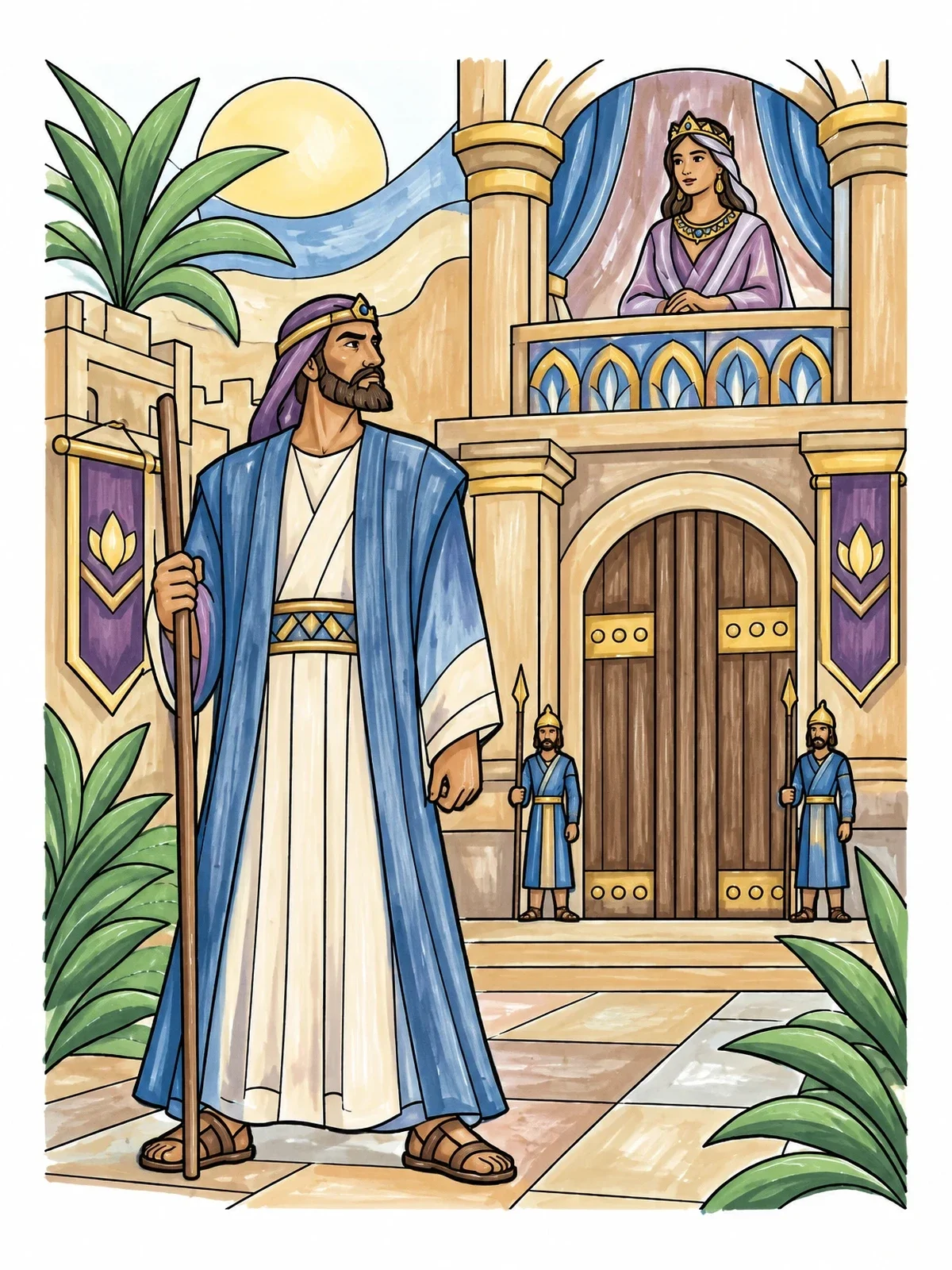 Colored example of the Mordecai And Queen Esther At The Palace Gate coloring page