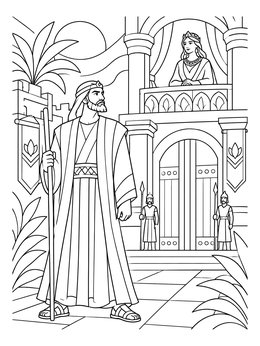 Mordecai stands outside the royal gates on this Esther coloring page with Queen Esther on a balcony.