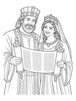 Mordecai and Queen Esther holding an unrolled scroll on this purim coloring page.