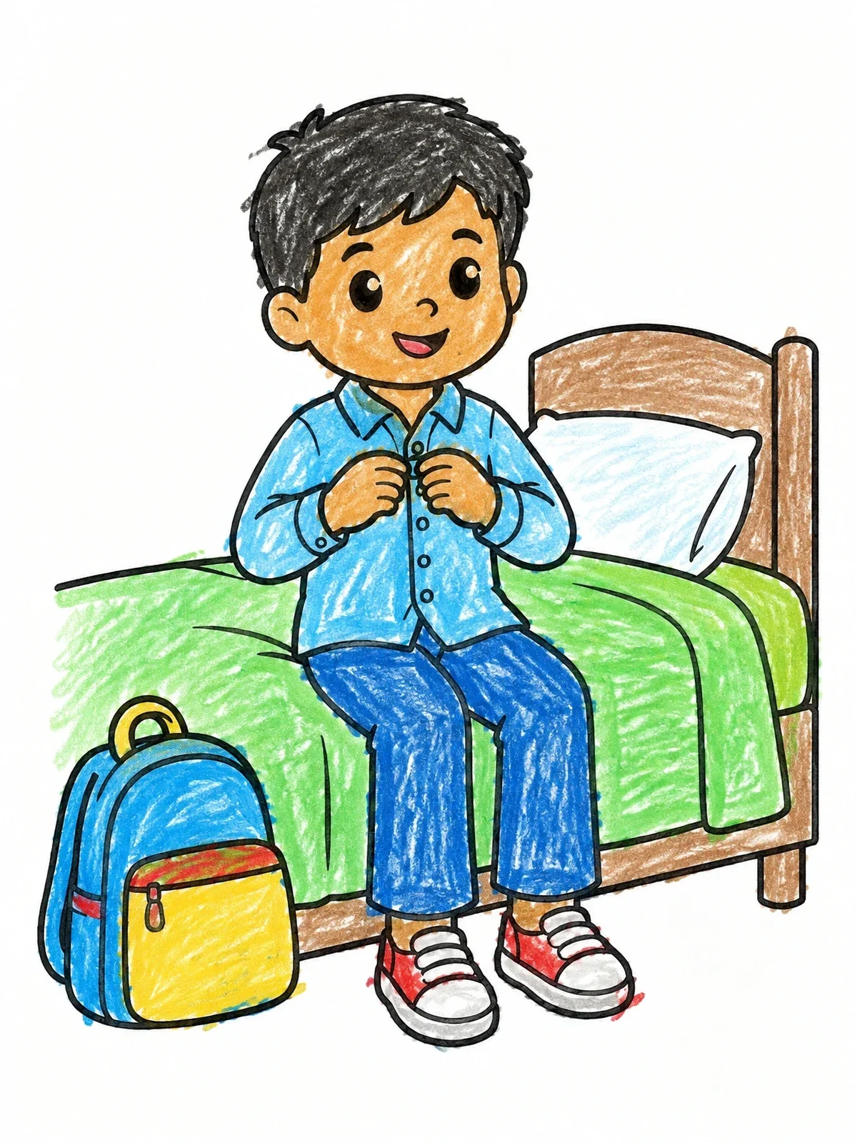Colored example of the Boy Getting Ready For School coloring page