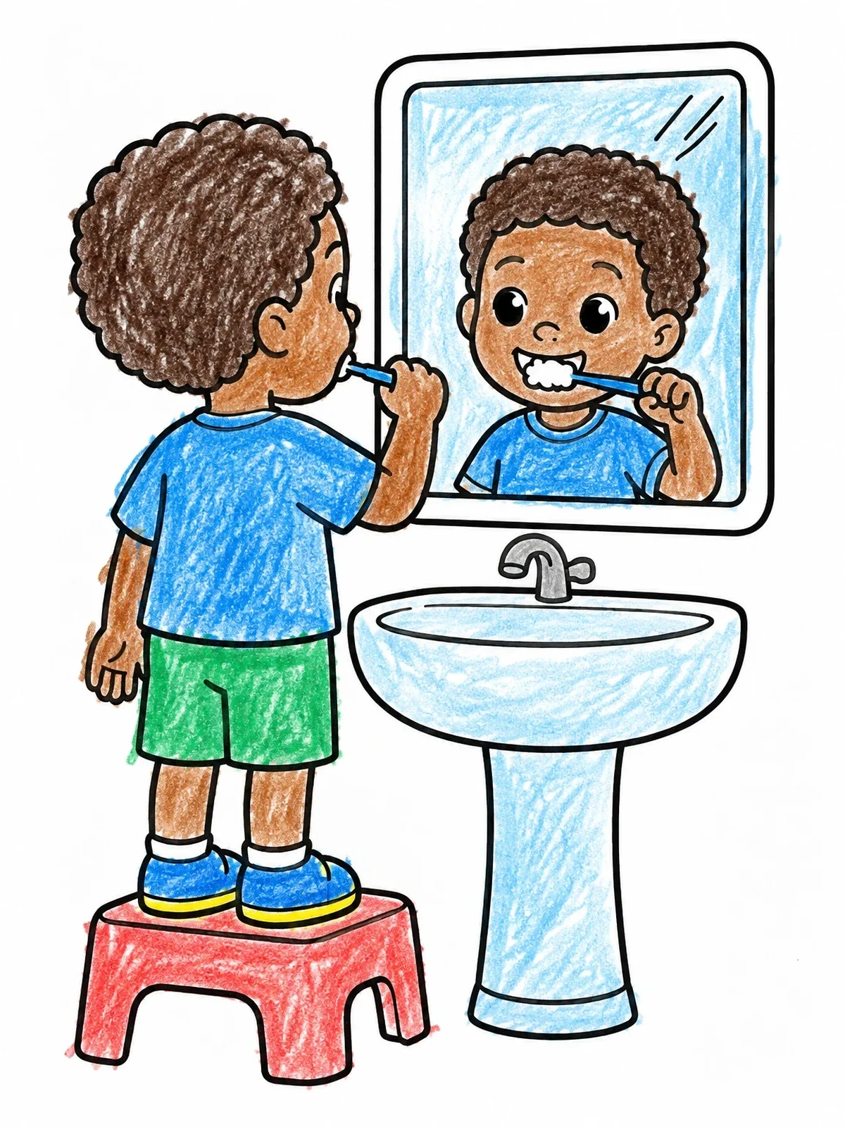 Colored example of the Child Brushing Teeth At Bathroom Sink coloring page