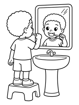 Free printable Child Brushing Teeth At Bathroom Sink coloring page