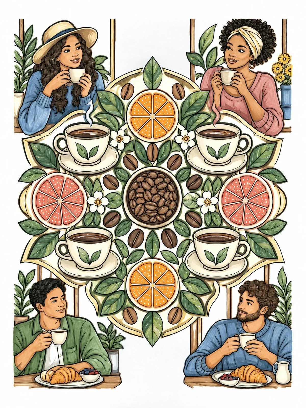 Colored example of the Morning Coffee And Breakfast Mandala coloring page