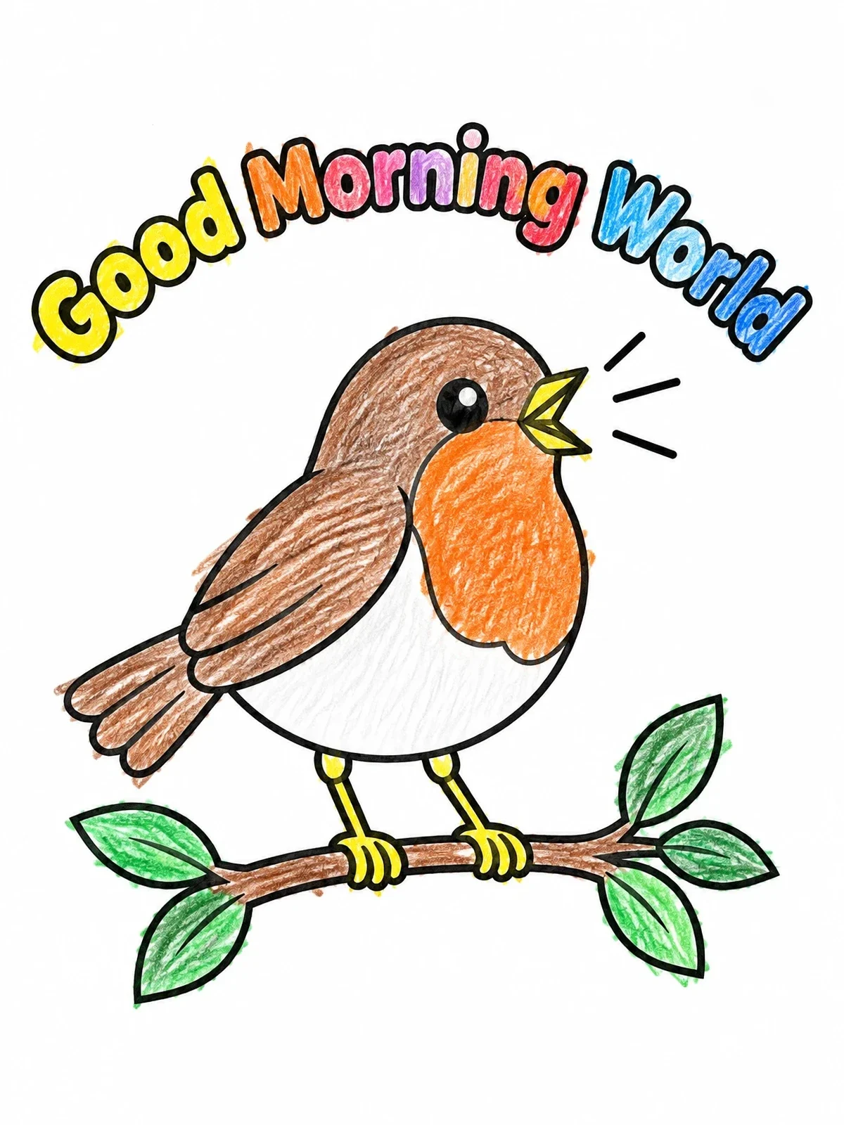 Colored example of the Cheerful Morning Robin On A Branch coloring page