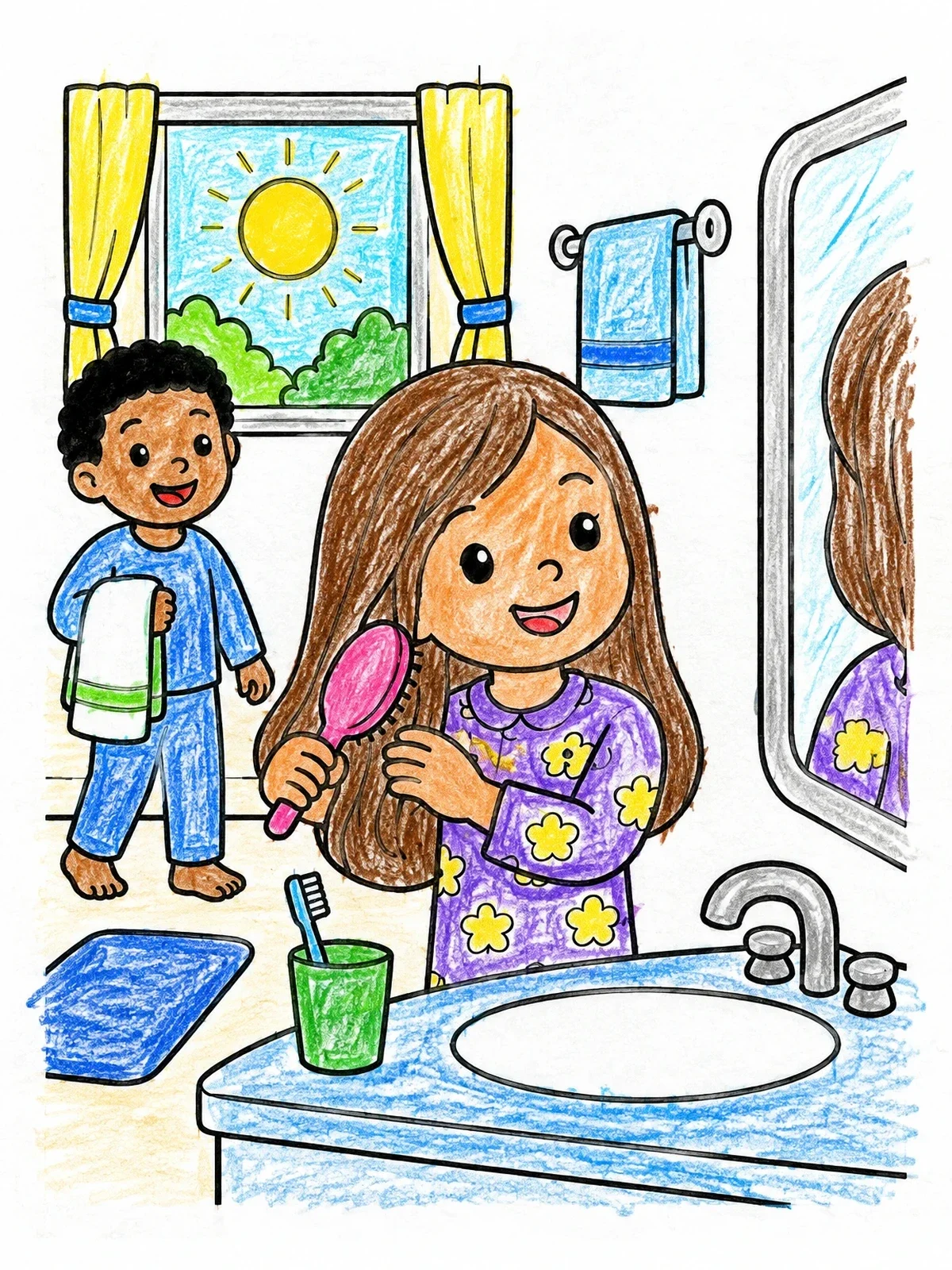Colored example of the Morning Routine In The Bathroom coloring page
