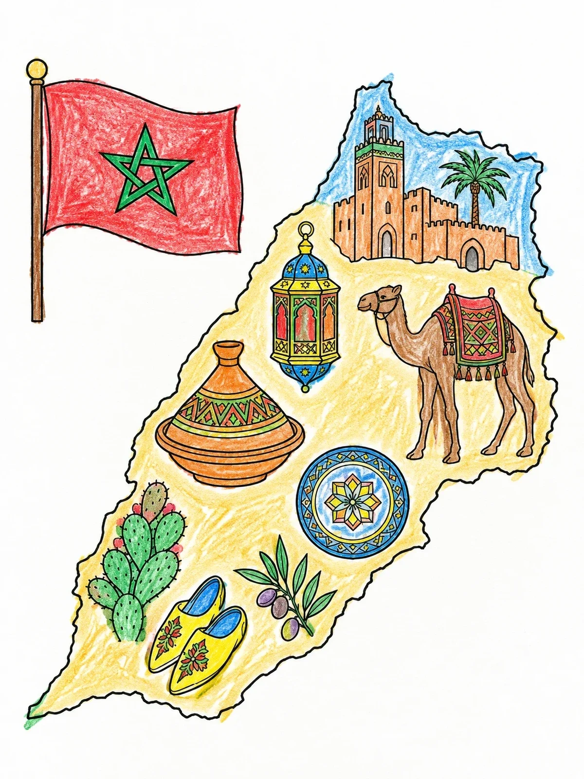 Colored example of the Morocco Cultural Map And Flag coloring page