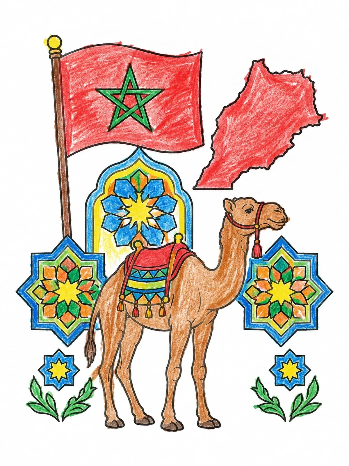 Colored example of the Morocco Symbols With Camel And Flag coloring page