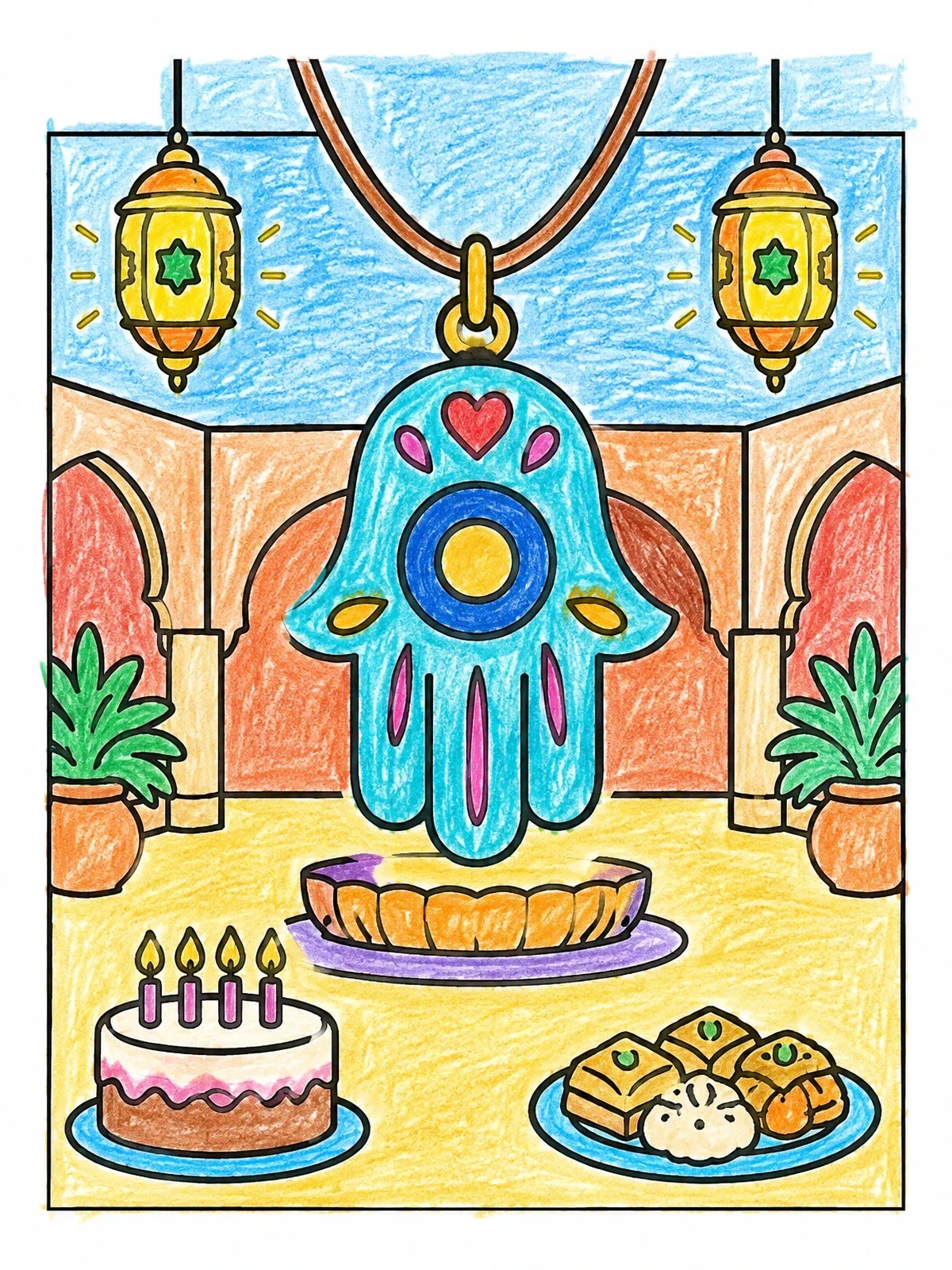 Colored example of the Hamsa Pendant In Moroccan Courtyard coloring page