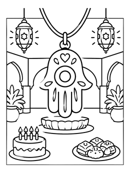 Free printable Hamsa Pendant In Moroccan Courtyard coloring page