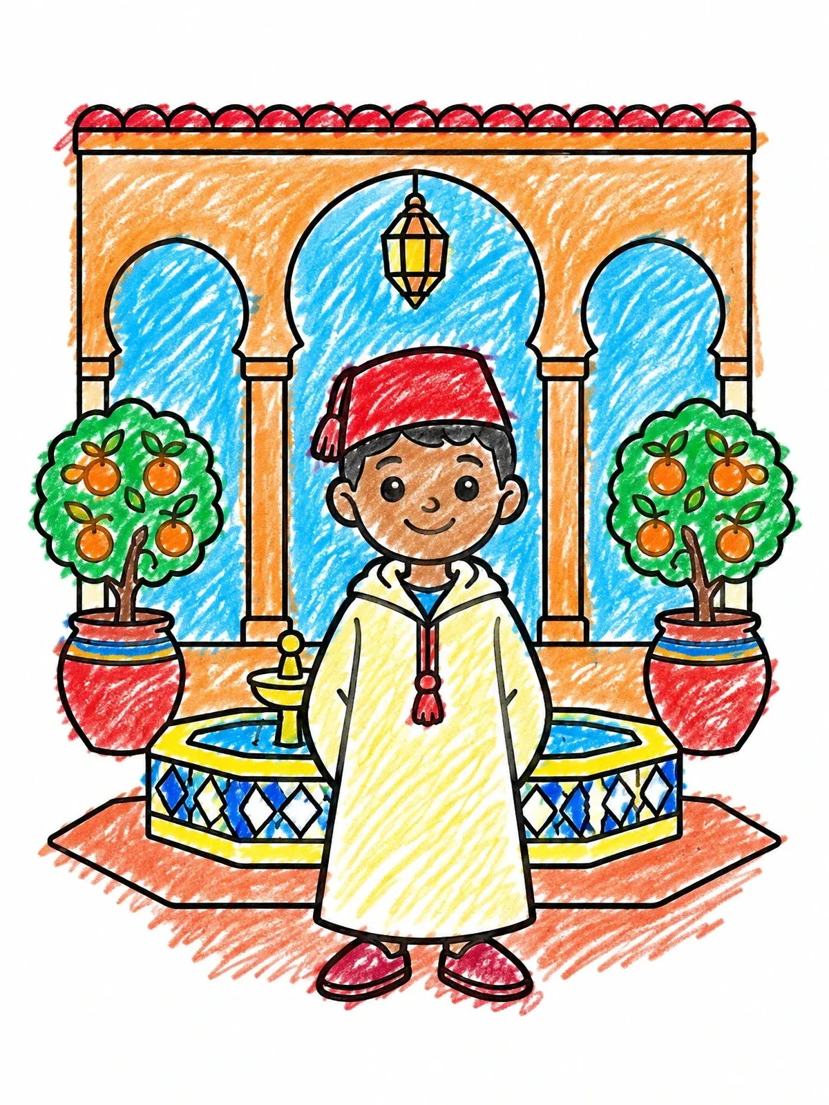 Colored example of the Boy In Moroccan Riad Courtyard coloring page