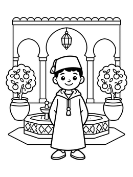 Free printable Boy In Moroccan Riad Courtyard coloring page