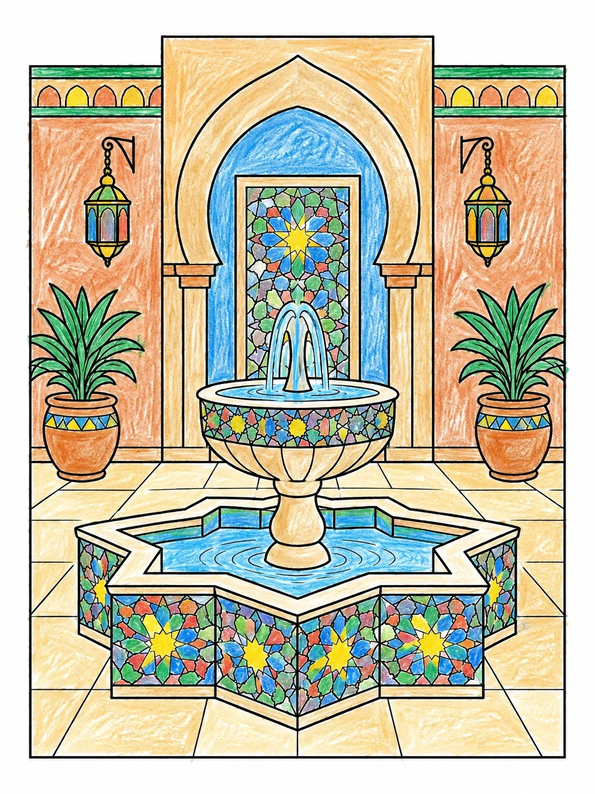 Colored example of the Moroccan Courtyard Fountain With Mosaic coloring page