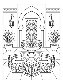 Free printable Moroccan Courtyard Fountain With Mosaic coloring page