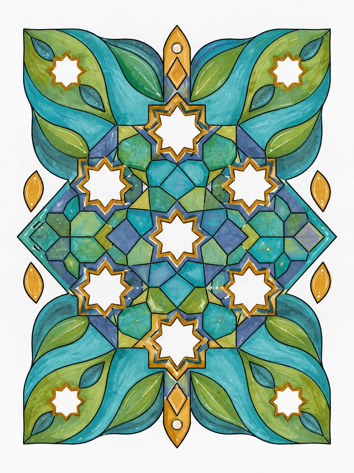 Colored example of the Moroccan Geometric Zellij Star Pattern coloring page