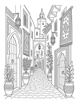 Free printable Moroccan Medina Alleyway With Lanterns coloring page