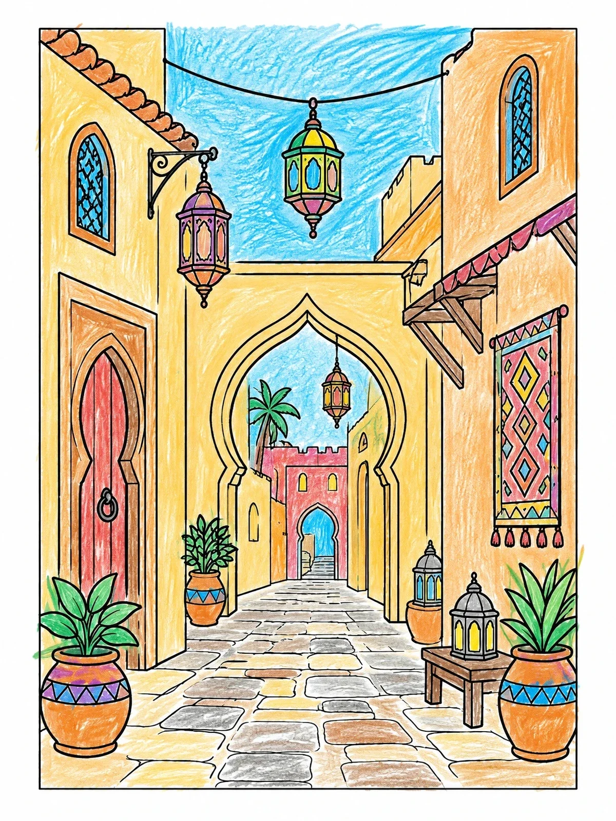 Colored example of the Moroccan Medina Street With Lanterns coloring page