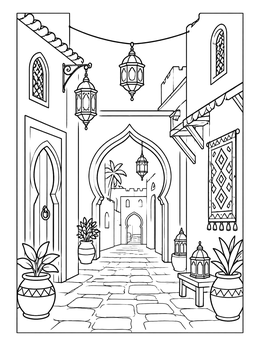 Free printable Moroccan Medina Street With Lanterns coloring page