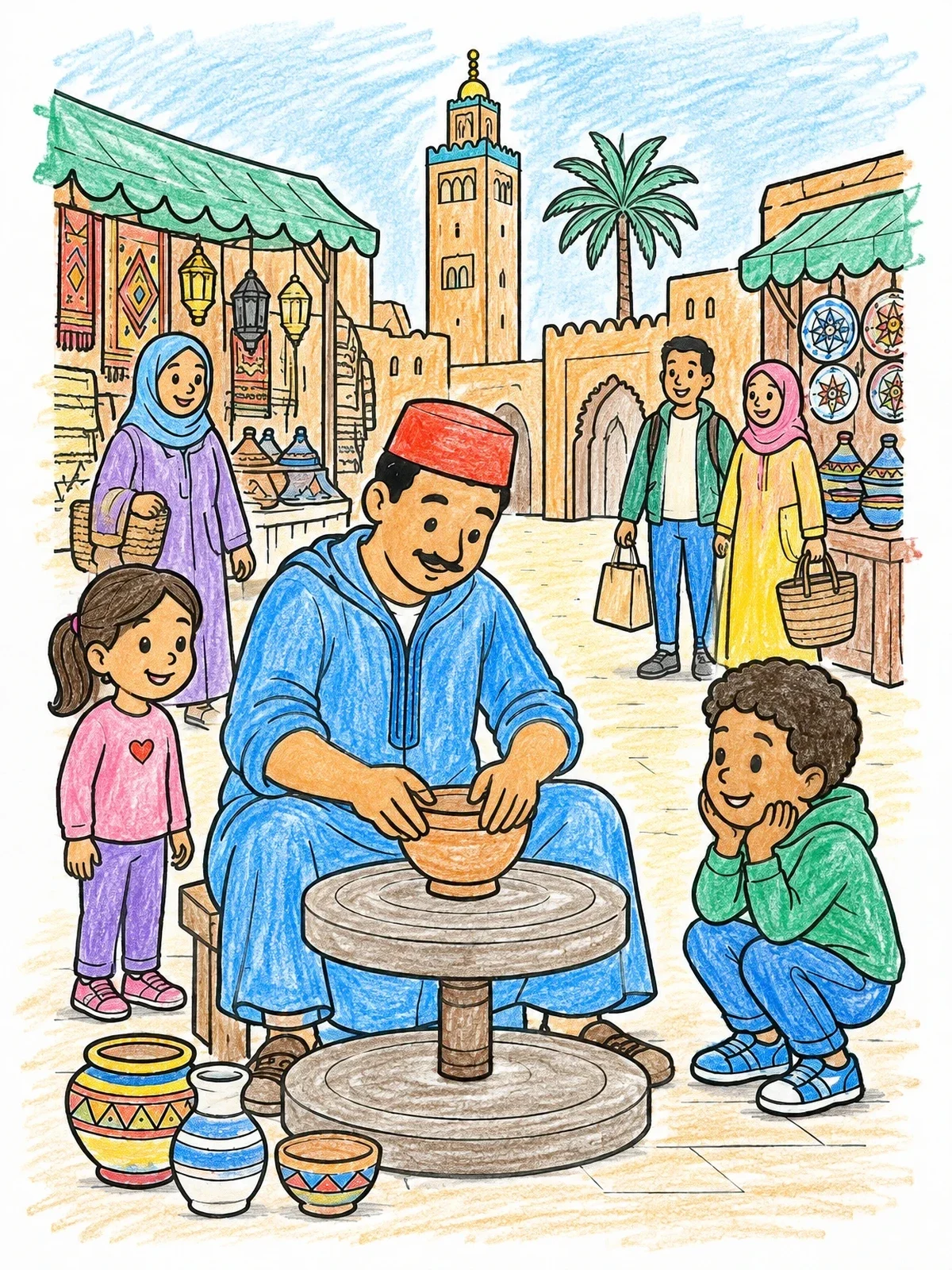 Colored example of the Moroccan Potter At The Market coloring page