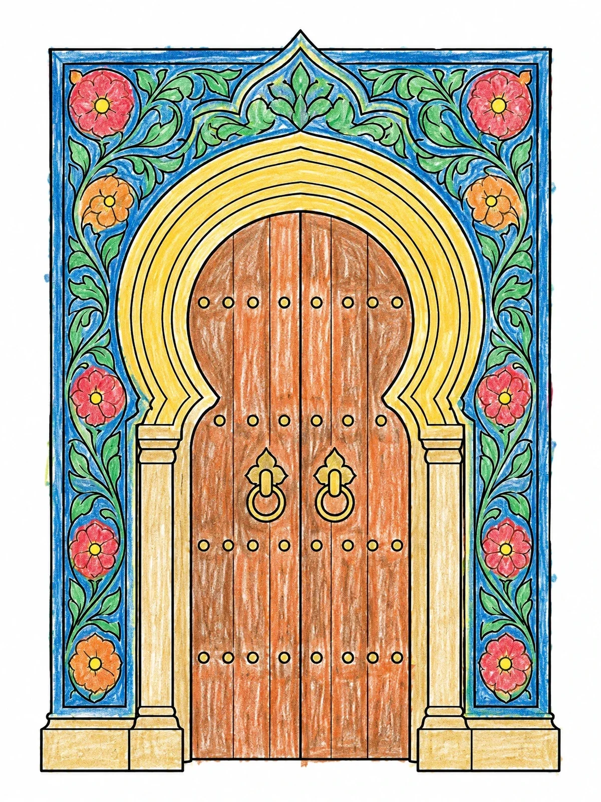 Colored example of the Ornate Moroccan Wooden Doorway coloring page