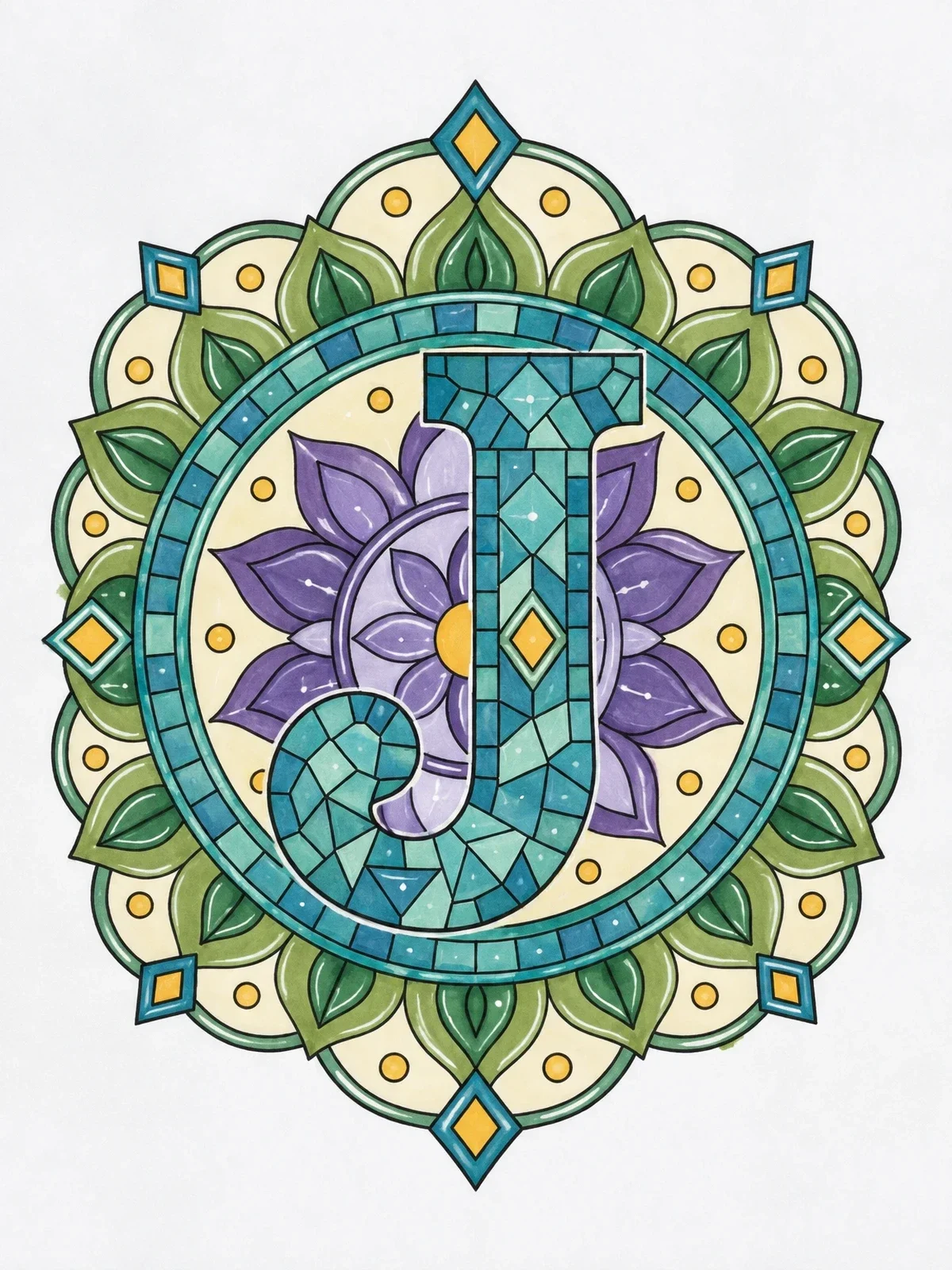 Colored example of the Mosaic Capital Letter J Mandala coloring page
