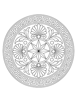 Intricate Greek key border and palmette star medallion on this mosaic coloring page.