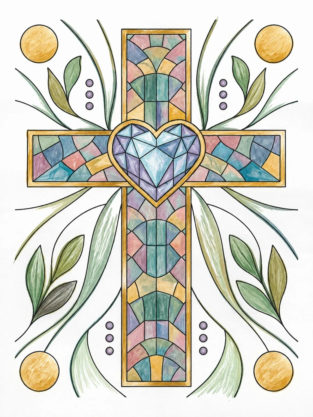 Colored example of the Mosaic Cross With Crystal Heart coloring page