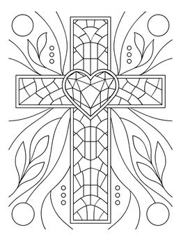 Intricate cross and heart coloring page featuring a faceted gemstone center surrounded by mosaic patterns.