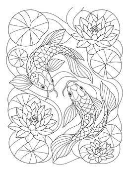 A mosaic coloring page of two koi fish swimming among water lilies and lotus pads.