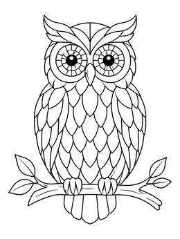 An owl perched on a branch features in this mosaic coloring page with patterned feathers.