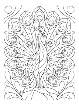 An ornate peacock unfolds patterned feathers in this mosaic coloring page.