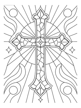 An ornate mosaic coloring page showing a stained glass cross surrounded by radiating light beams.