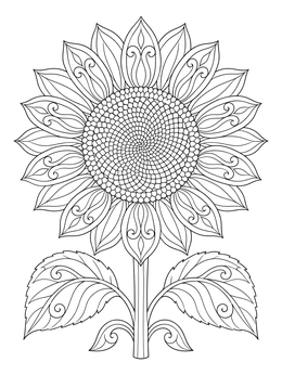 A detailed sunflower mosaic coloring page featuring patterned seeds and stylized petals.