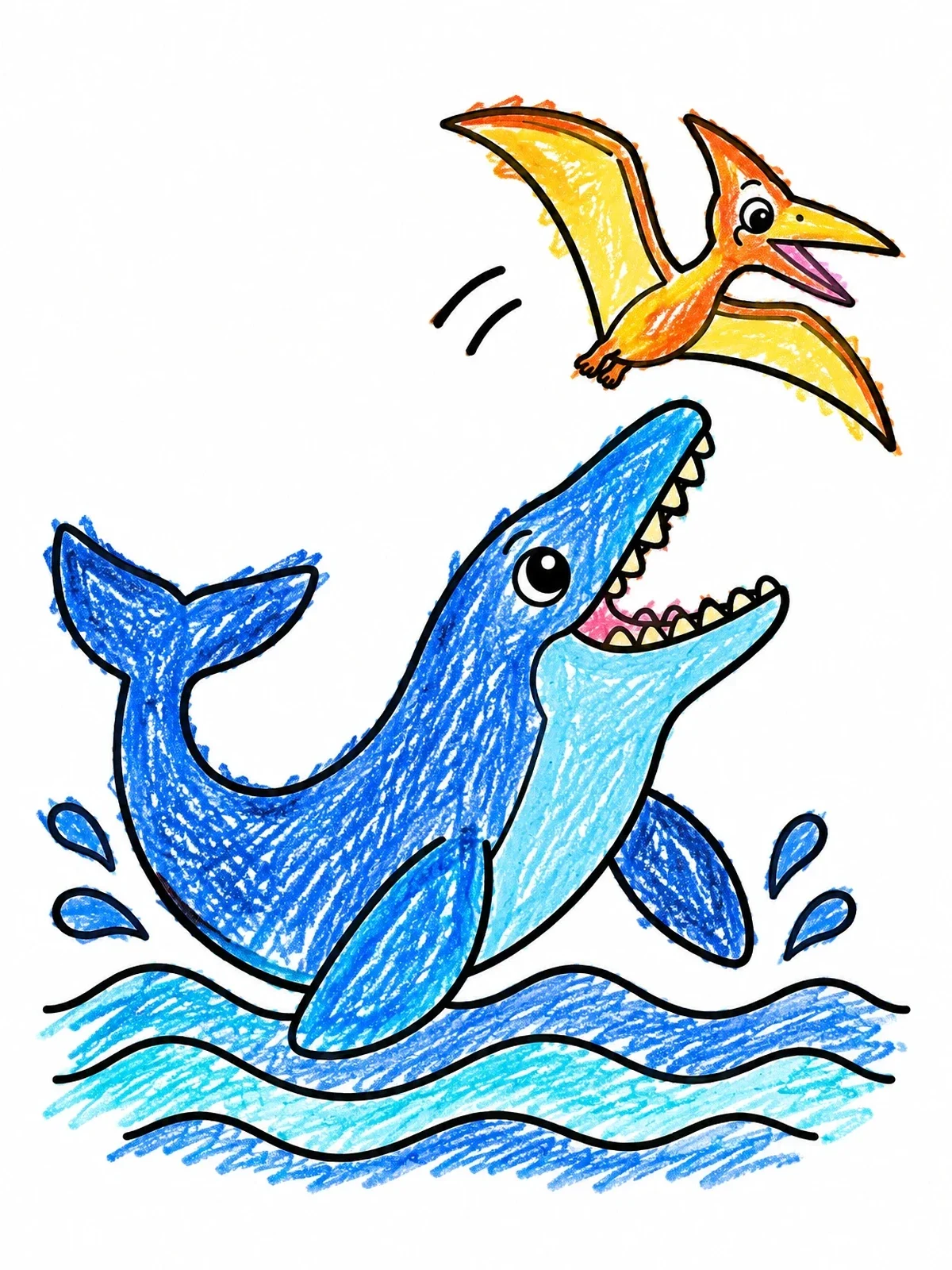 Colored example of the Mosasaurus And Flying Pteranodon coloring page
