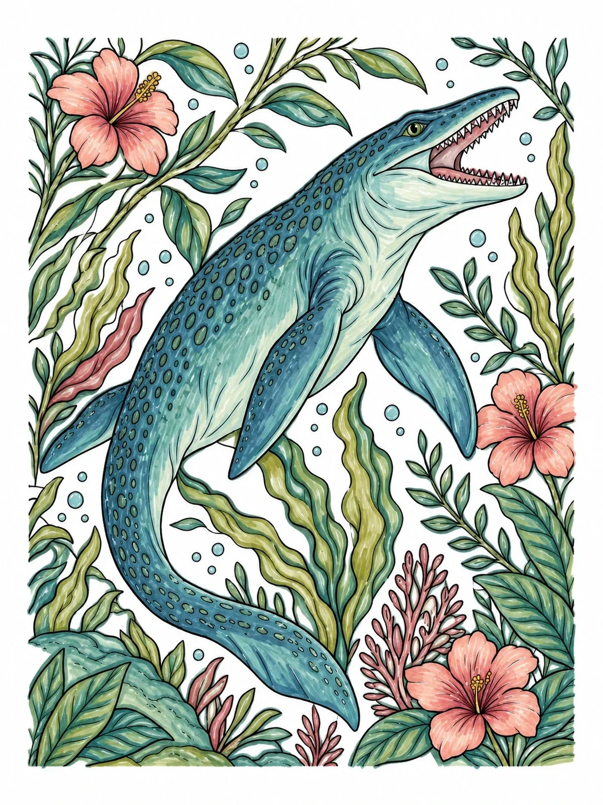 Colored example of the Mosasaurus Gliding Among Underwater Flora coloring page
