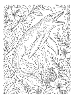 Free printable Mosasaurus Gliding Among Underwater Flora coloring page