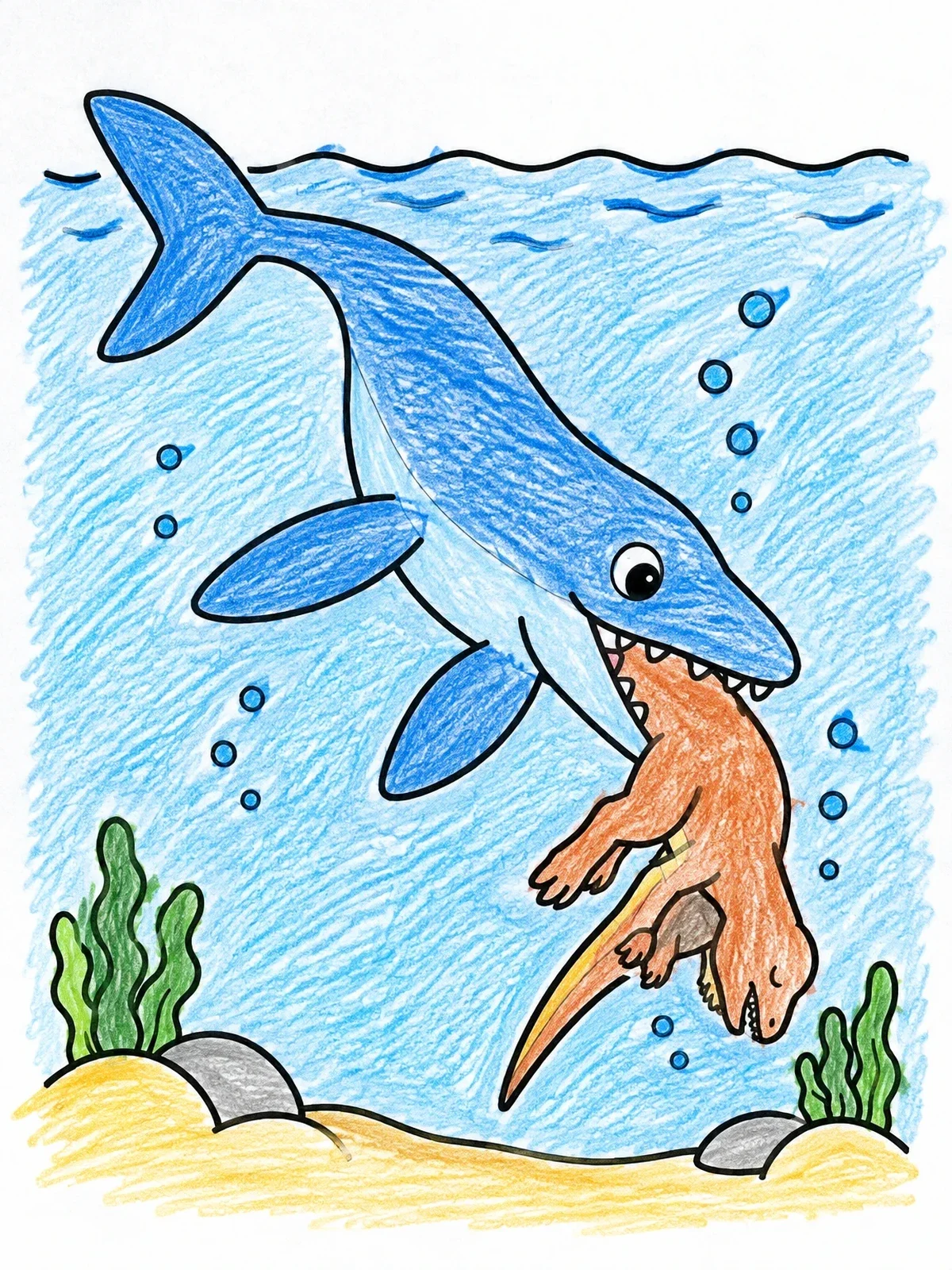 Colored example of the Mosasaurus Hunting Underwater coloring page