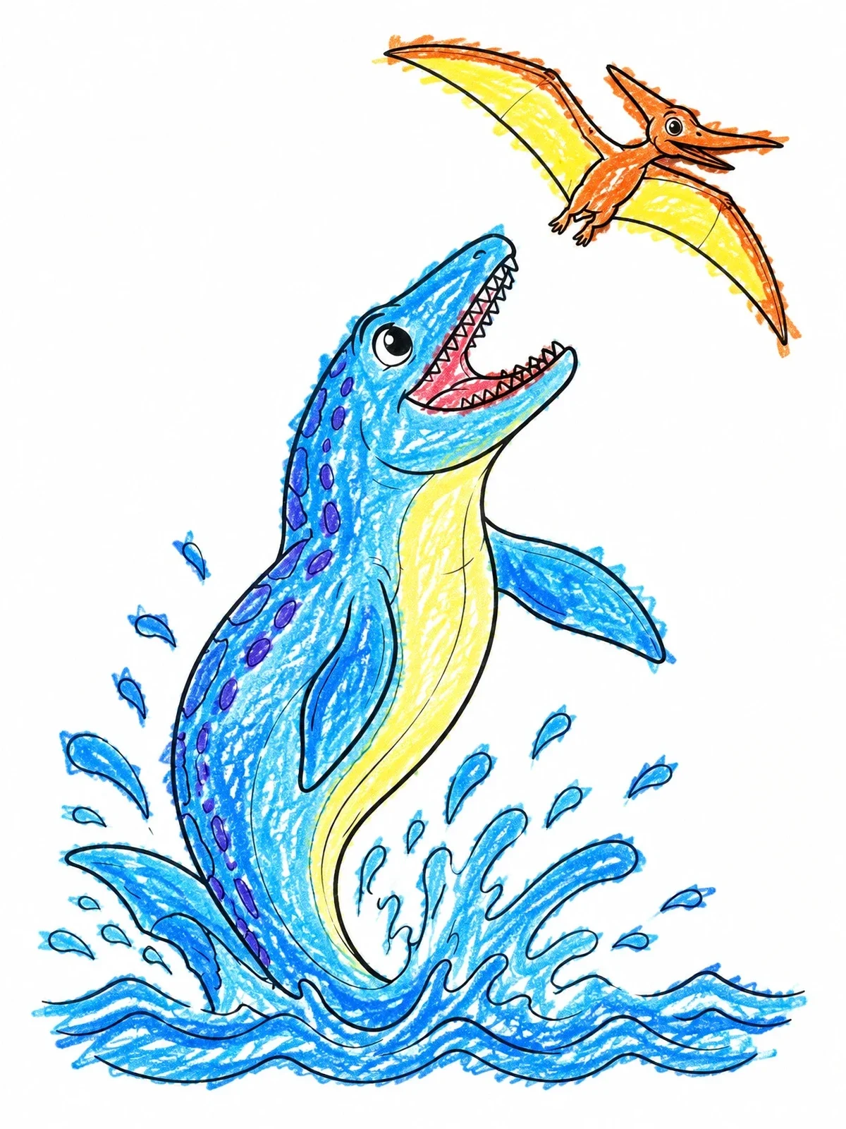 Colored example of the Mosasaurus Leaping Near Flying Pterosaur coloring page