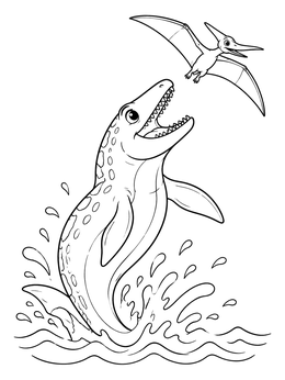 Free printable Mosasaurus Leaping Near Flying Pterosaur coloring page