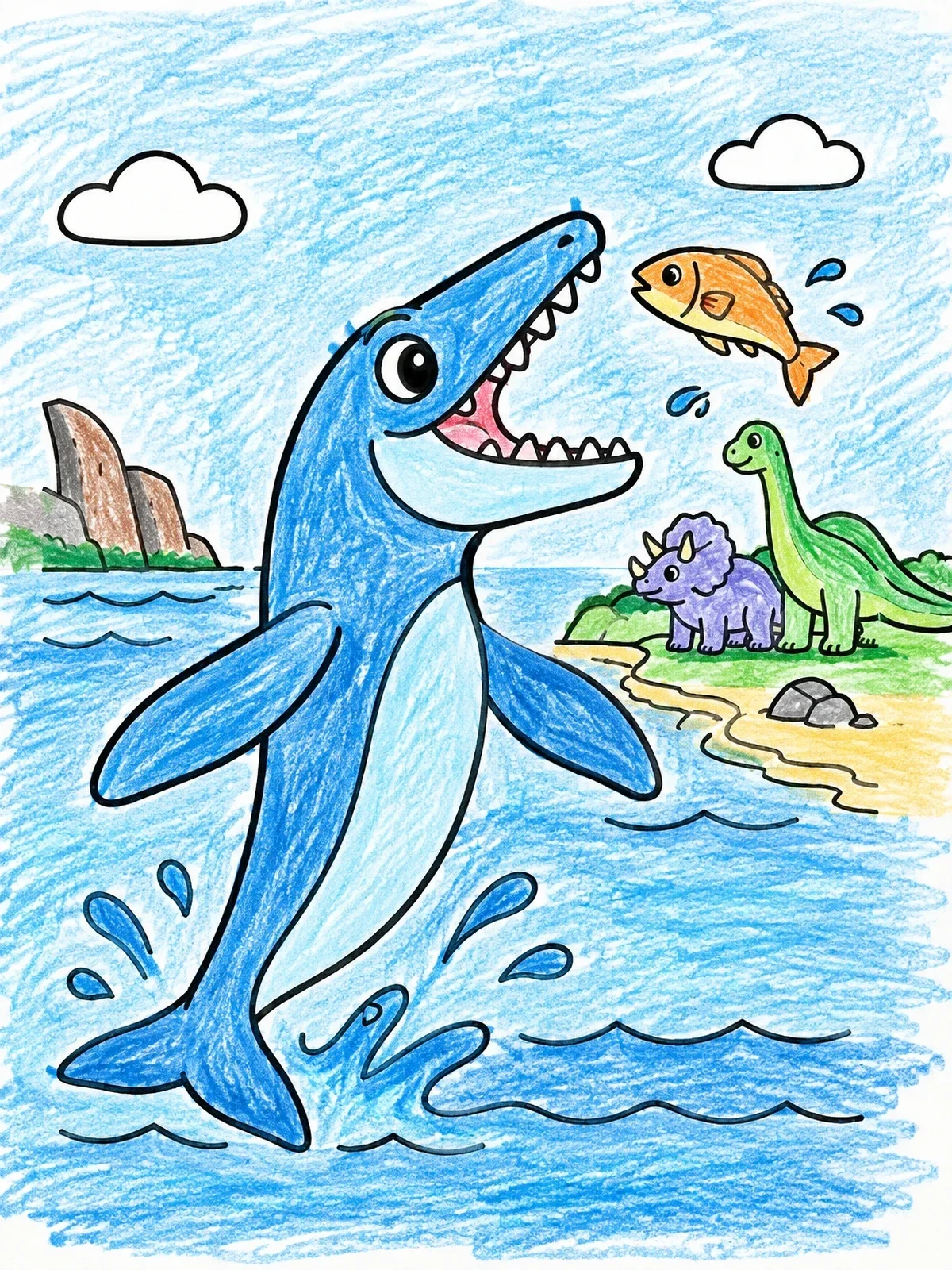 Colored example of the Mosasaurus Leaping Near The Shore coloring page