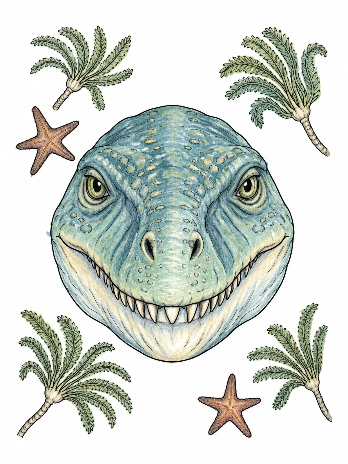 Colored example of the Mosasaurus Portrait With Ancient Marine Life coloring page
