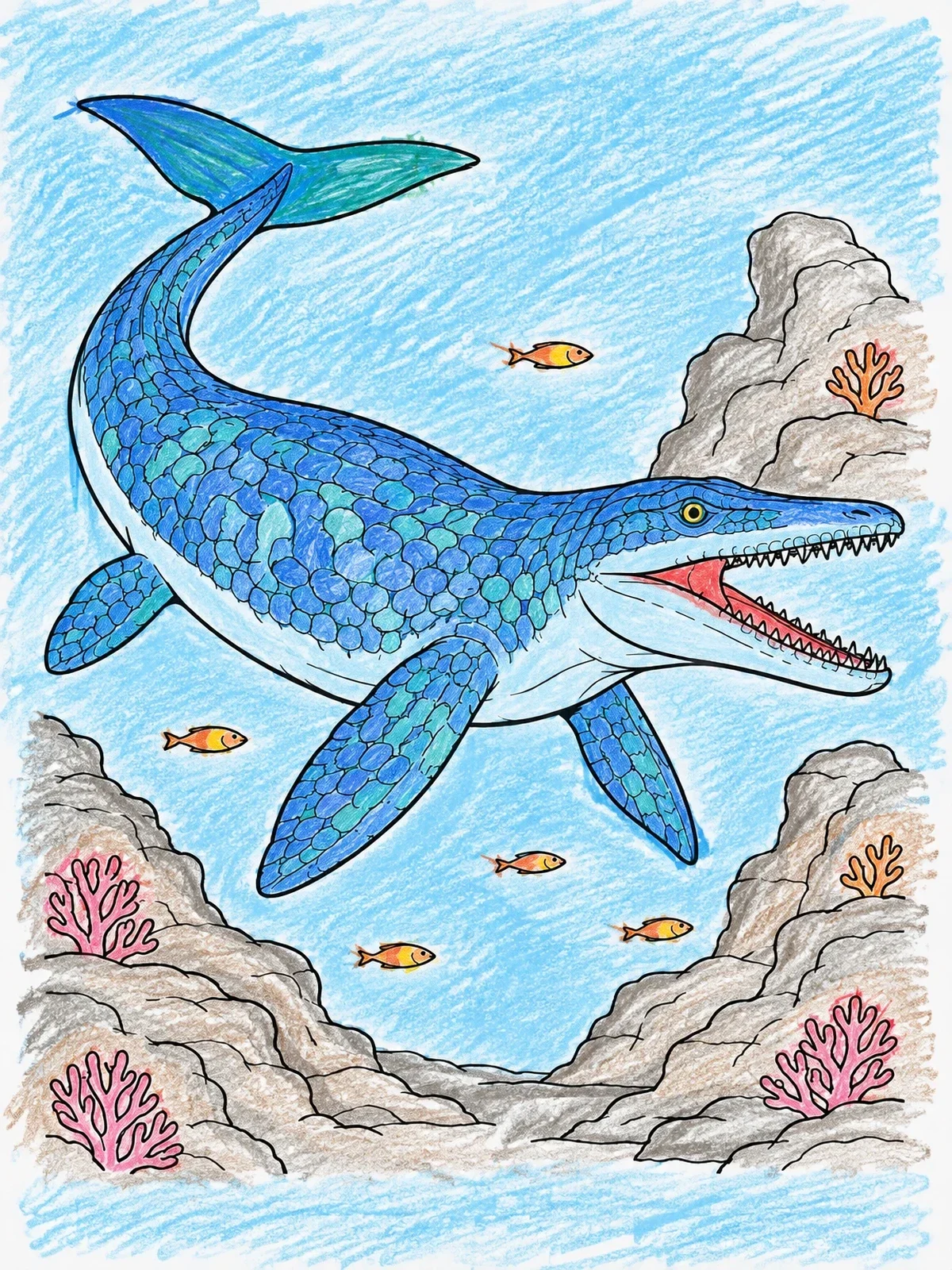 Colored example of the Mosasaurus Swimming Over Coral Reef coloring page