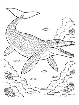 Free printable Mosasaurus Swimming Over Coral Reef coloring page