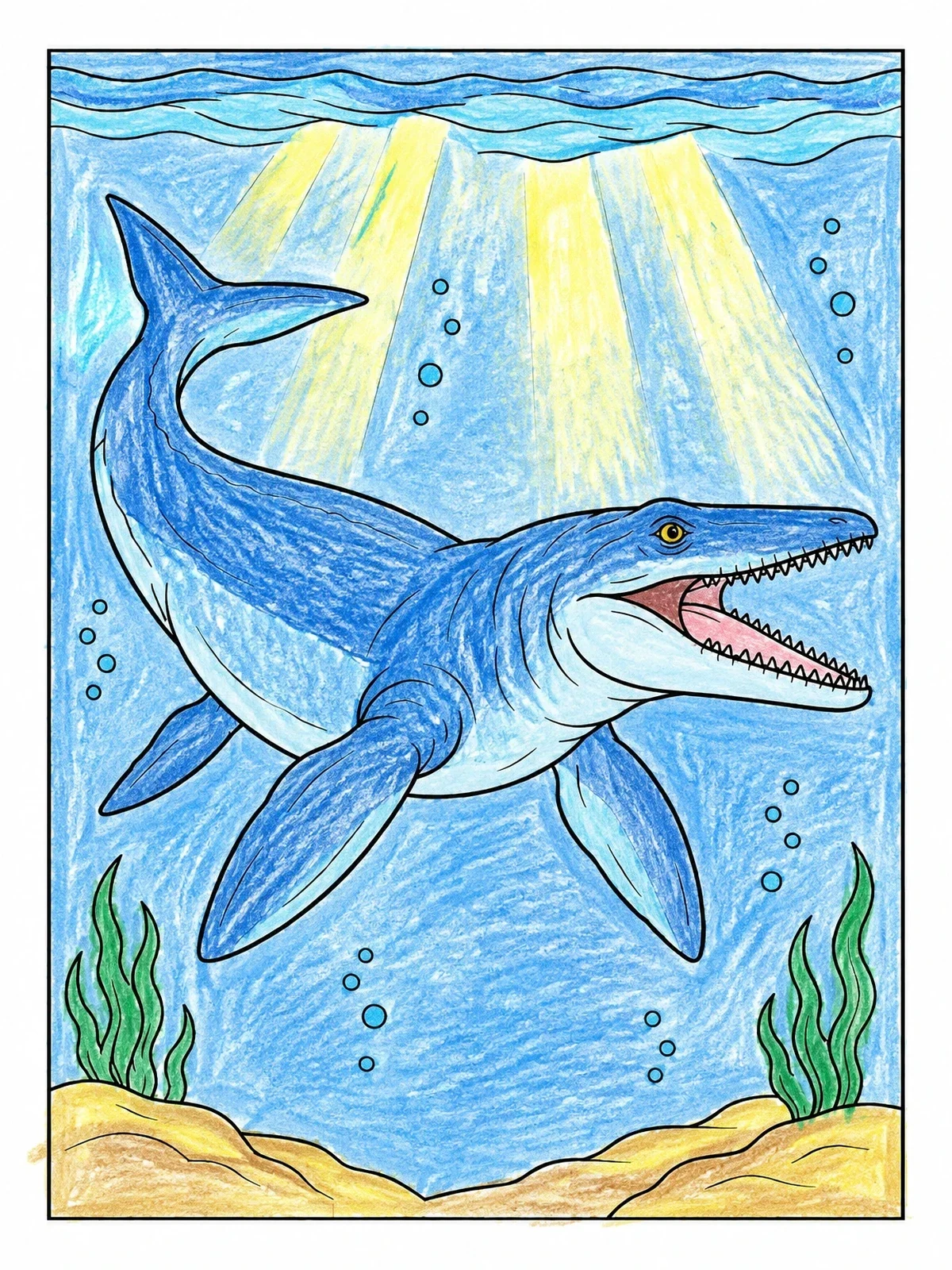 Colored example of the Mosasaurus Swimming In Deep Ocean coloring page