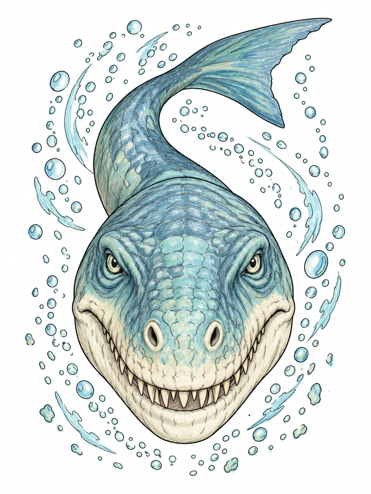 Colored example of the Mosasaurus Swimming Forward With Bubbles coloring page