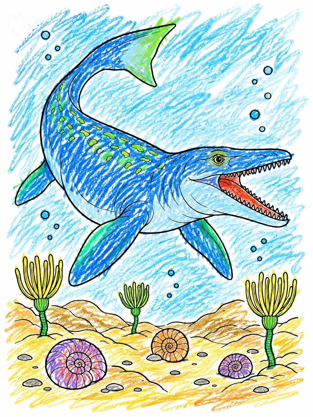 Colored example of the Mosasaurus Swimming Over Prehistoric Seabed coloring page