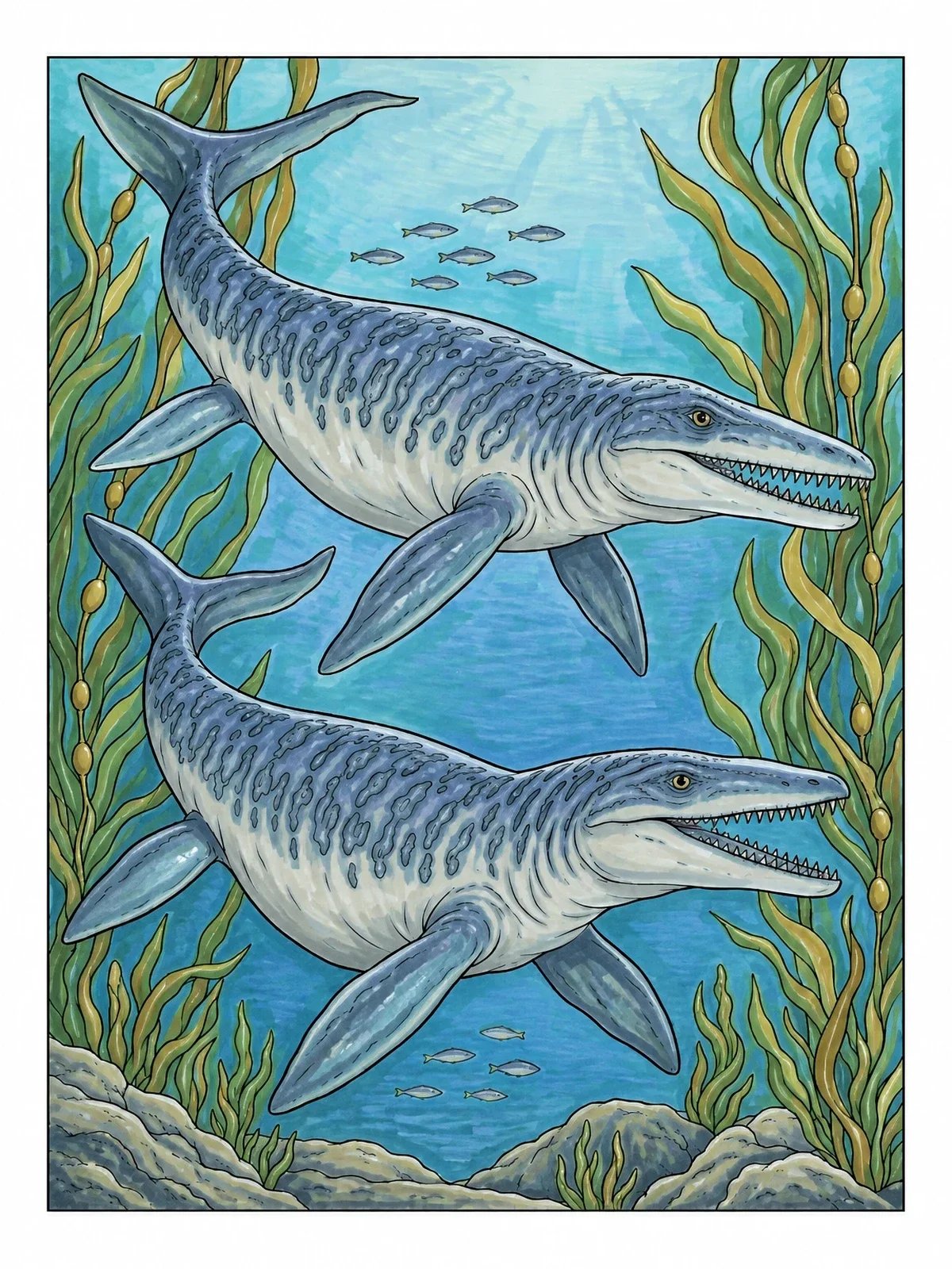 Colored example of the Two Mosasaurs Swimming In Kelp coloring page