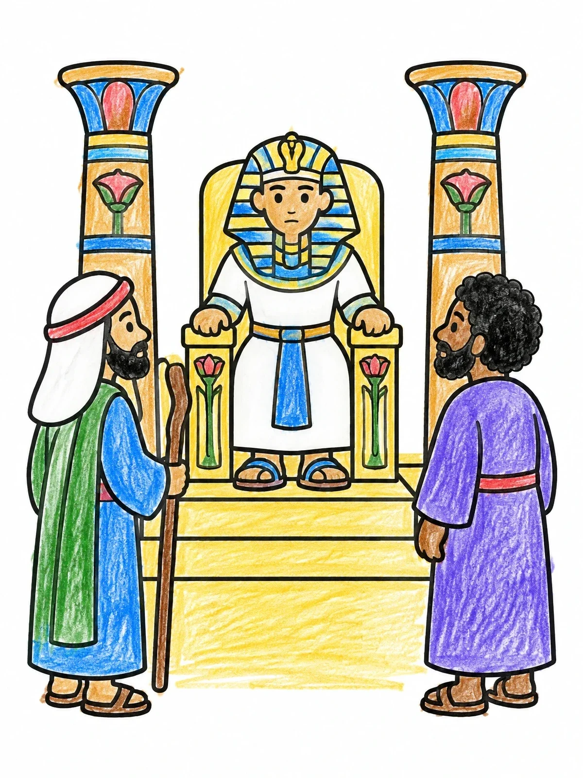 Colored example of the Moses And Aaron Before Pharaoh coloring page