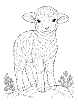 A fluffy little sheep features in this moses and the burning bush coloring page on a rocky mound.